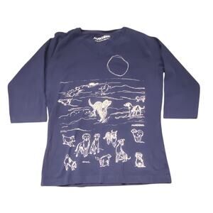 Marushka Dog Graphic T Shirt Navy Blue Hand Printed USA Art Tee Med Beach Cute